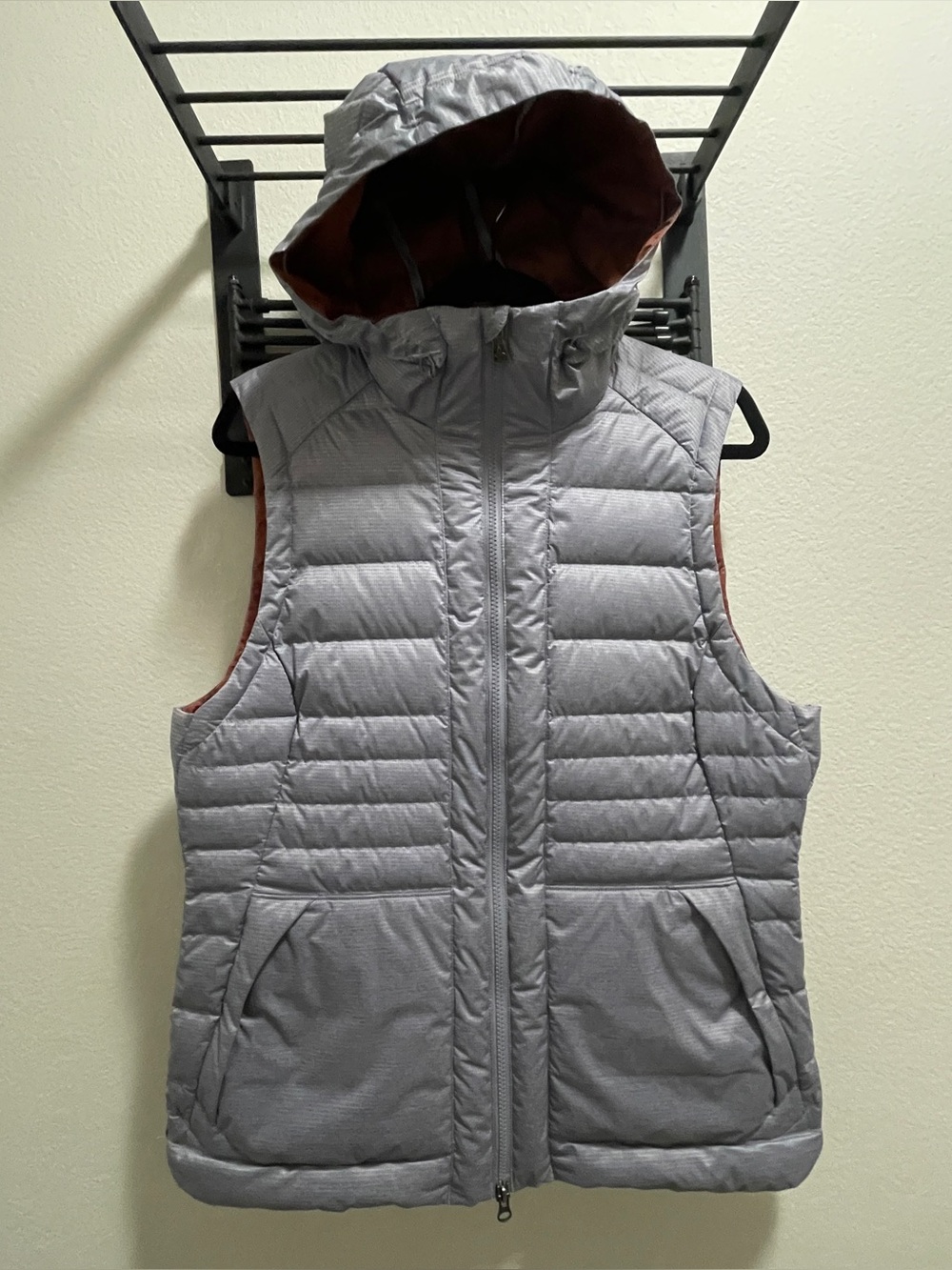 Prana Light Purple Quilted Hooded Puffer Vest with Rust Lining